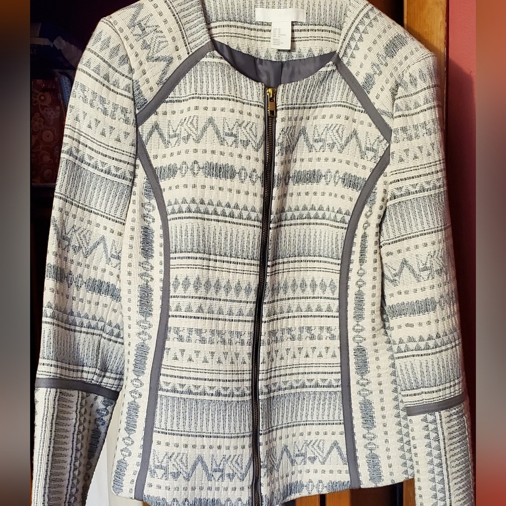 H&M Cream & Gray Woven Zip-Front Blazer
